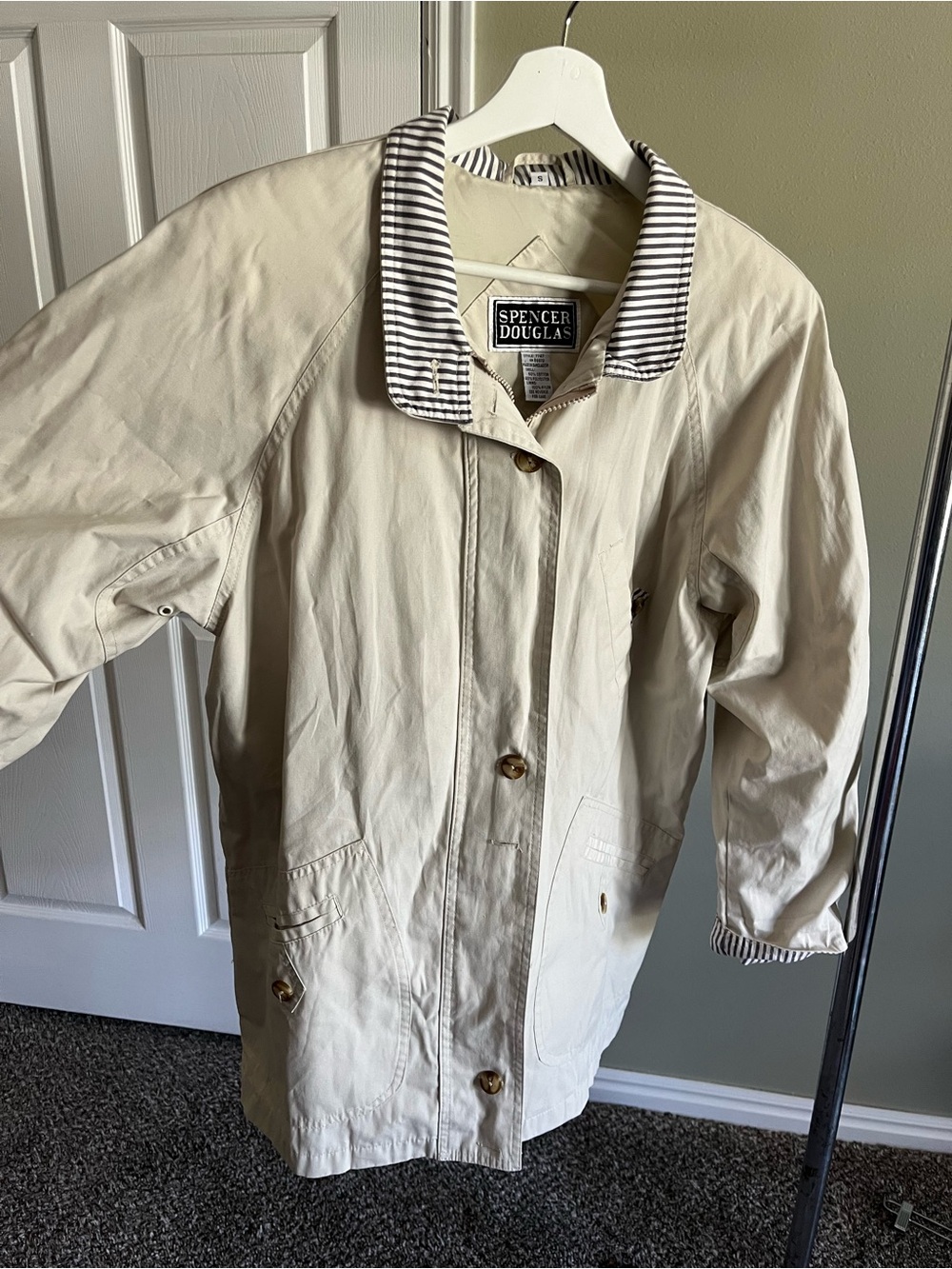 Cream Trench Coat with Striped Collar